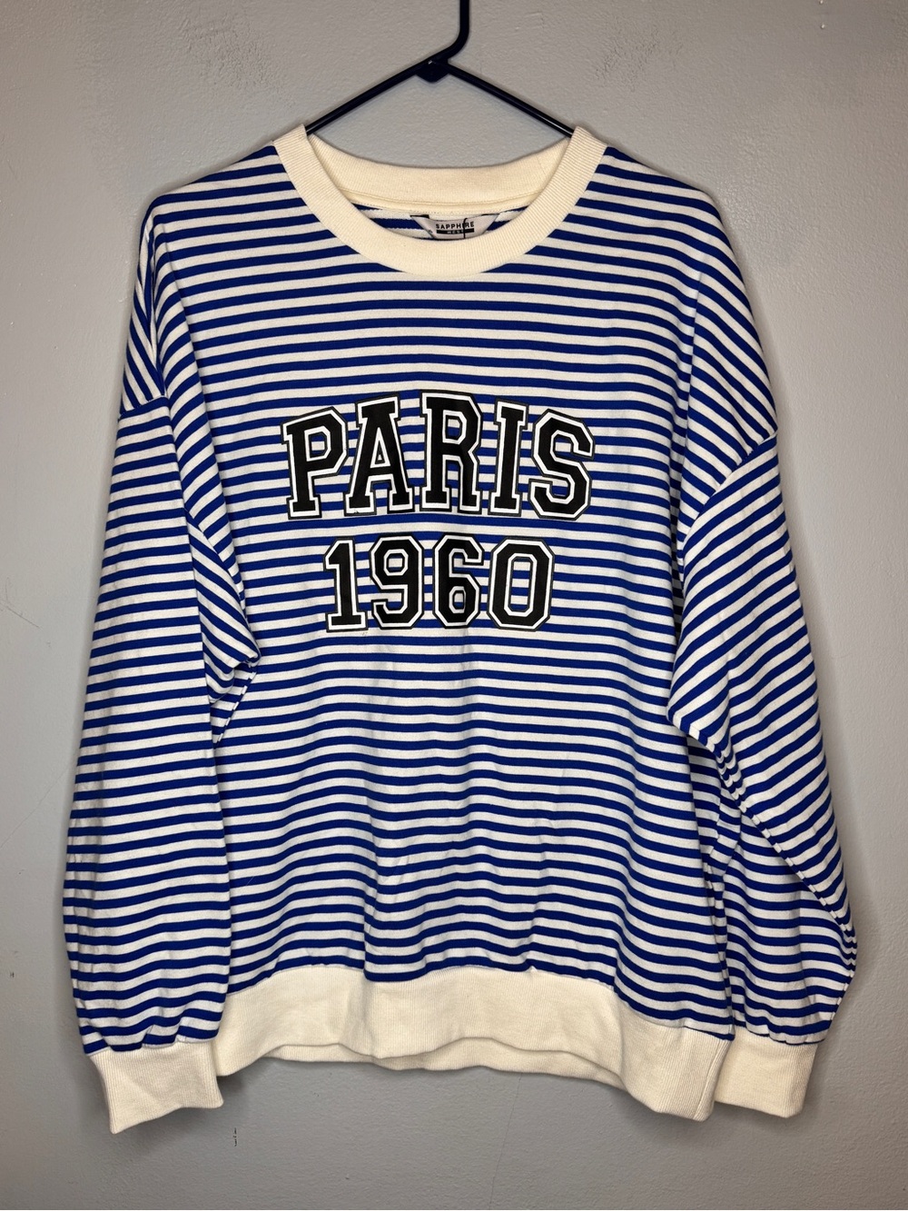Sapphire West Striped Blue & White 'PARIS 1960' Crewneck Sweater Size XL